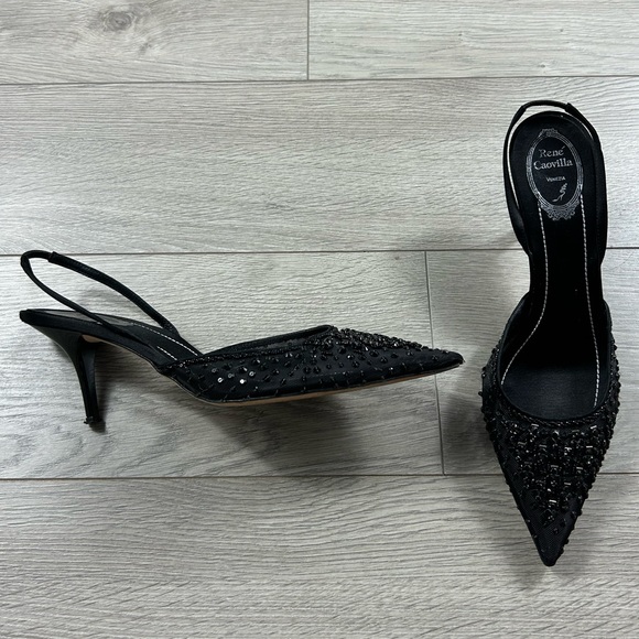 Rene Caovilla Black Sequin Pointed Toe Low Heels - Picture 2 of 13
